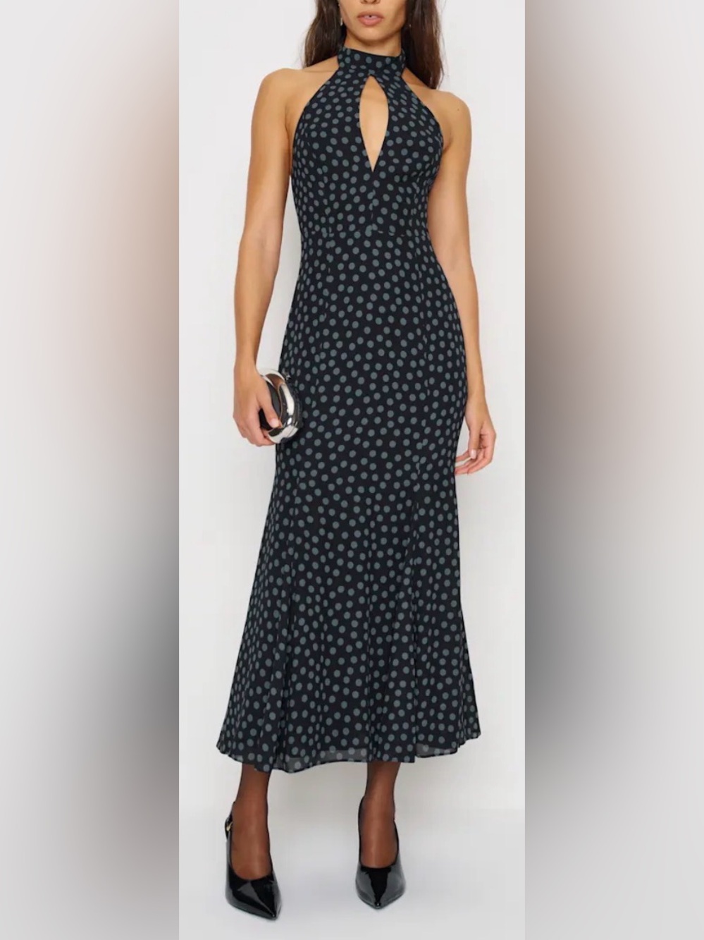 New Reformation Noele Maxi Halter Dress Blue Black Polka Dot Sz 4